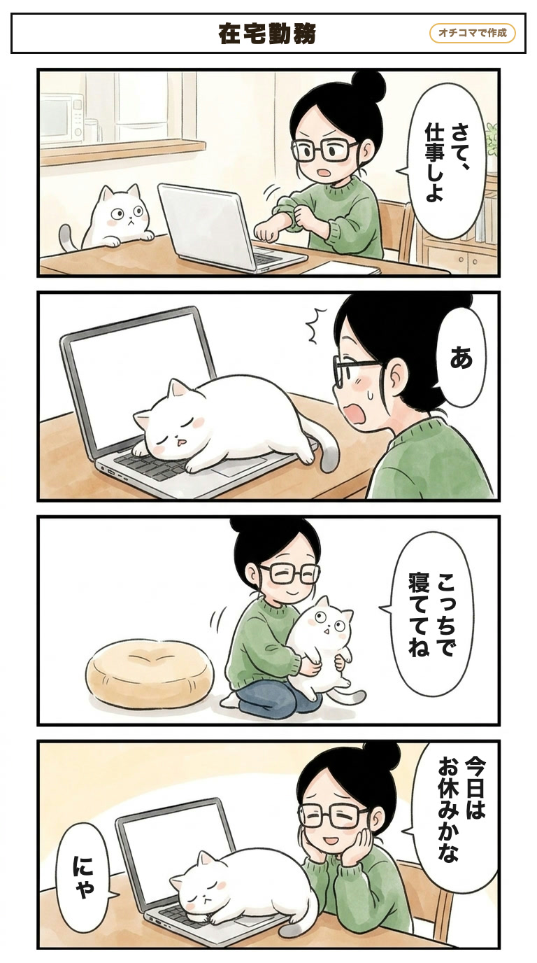 在宅勤務とねこの4コマ「在宅勤務」