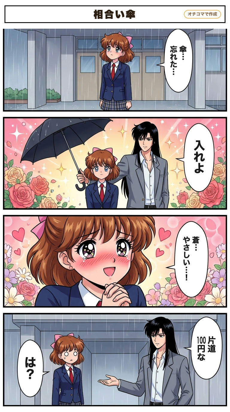 90年代少女漫画の4コマ「相合い傘」