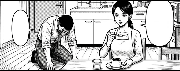 吹き出しが空の絵。黒田が床に崩れ落ち、さくらが食卓でプリンを食べている